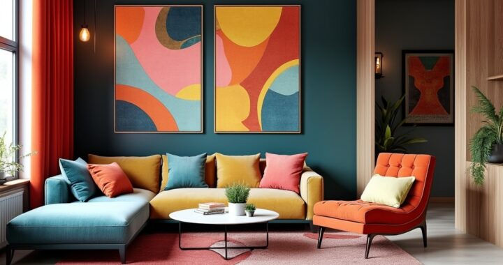 tendances déco intérieur 2024 avec couleurs expressives et motifs régressifs